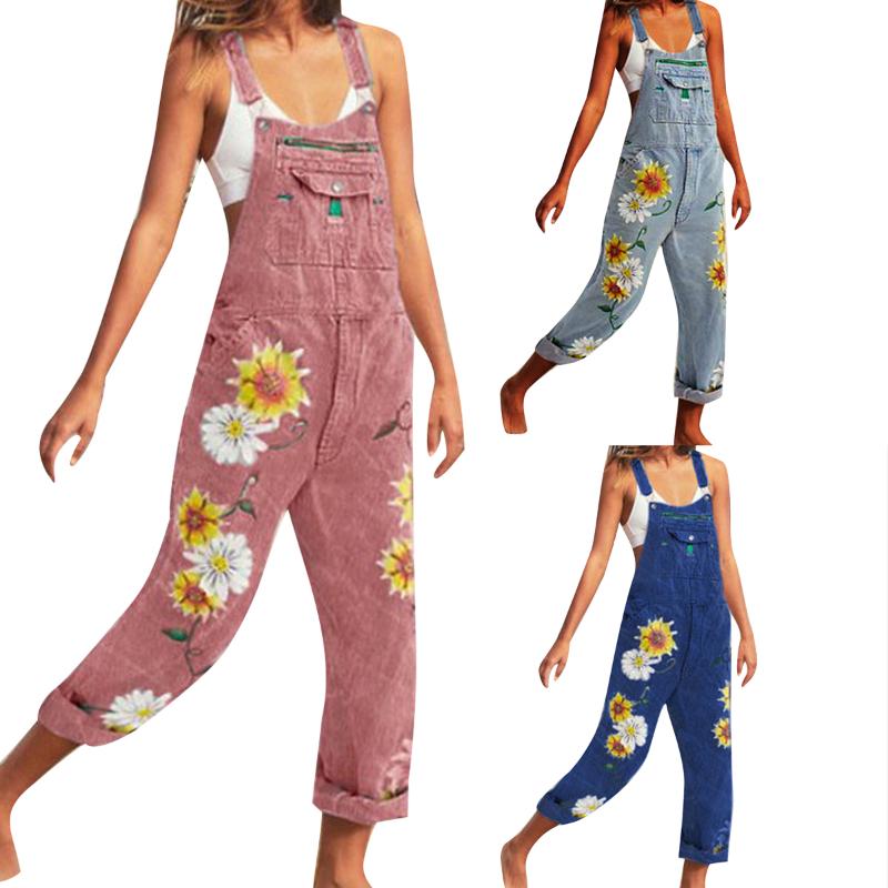 

Women Summer Clothes Sunflower Printed Removable Suspender Trousers with Chest Pocket For Girls 6 Sizes, Blue