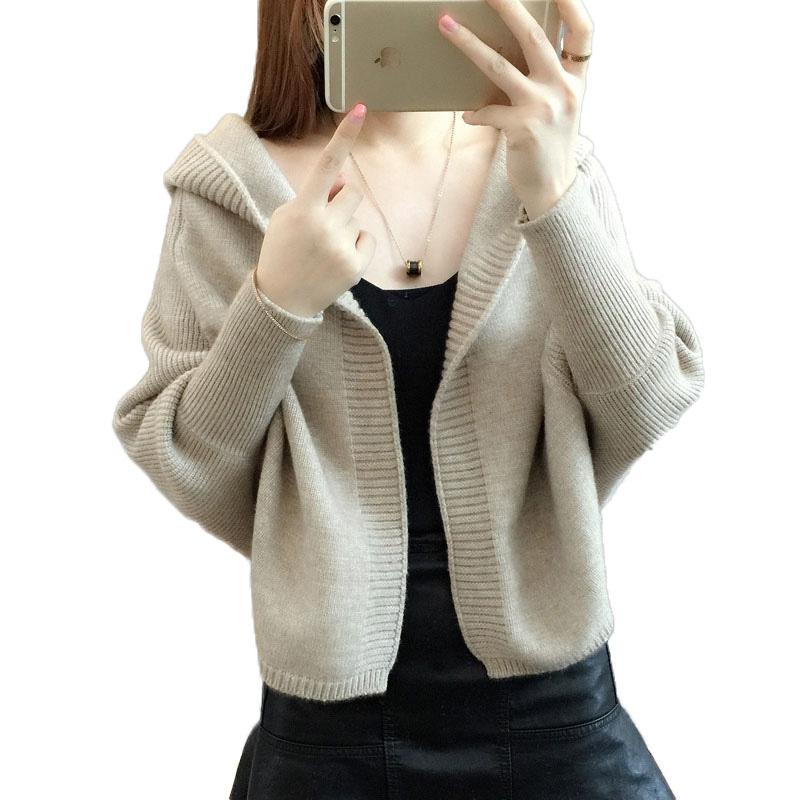 

2020 New Fashion Women Sweater Autumn Winter Knitted Loose Clothing Loose Hooded Knitted Jacket Female Casual Sportswear ok299, White
