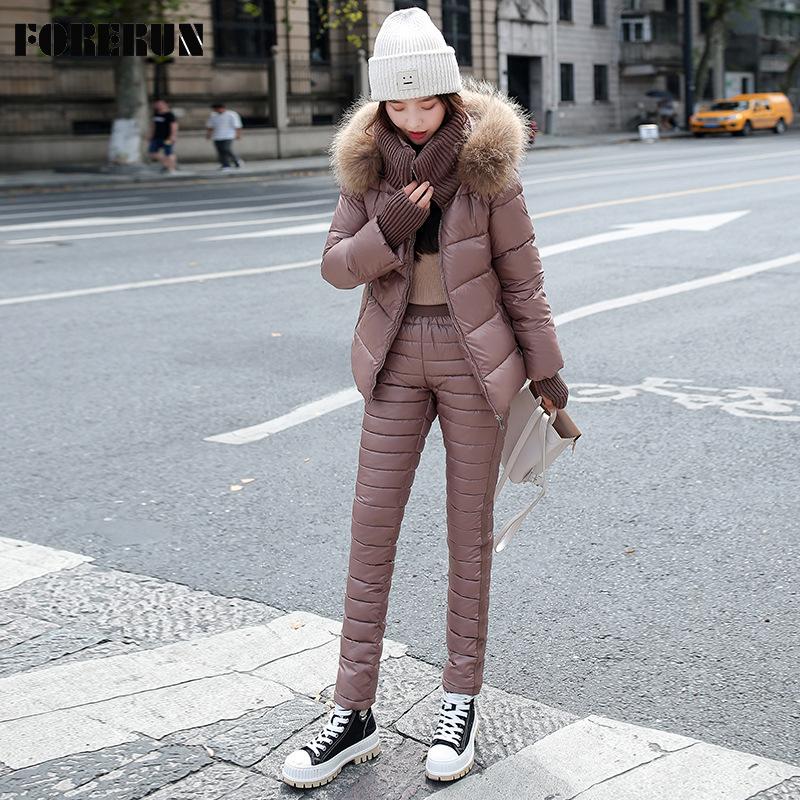 

Women's Tracksuits FORERUN Two Piece Set Women Winter Jacket Fur Hooded Puffer Jackets And High Waist Cotton Padded Warm Pants Suits -30cent, Black winter suits