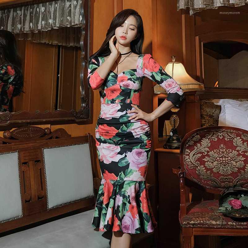 

2020 Spring Women Square Neck Sexy Dresses Floral Print Bodycon Mermaid dress Casual Party Midi Dress1, Navy blue
