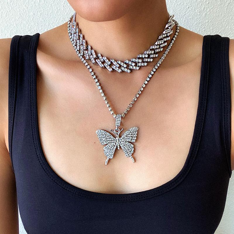 

Iced Out Cuban Link Chain Butterfly Necklace Set Choker Necklace Women Blinged Chain chocker Hip Hop Pendant Jewelry