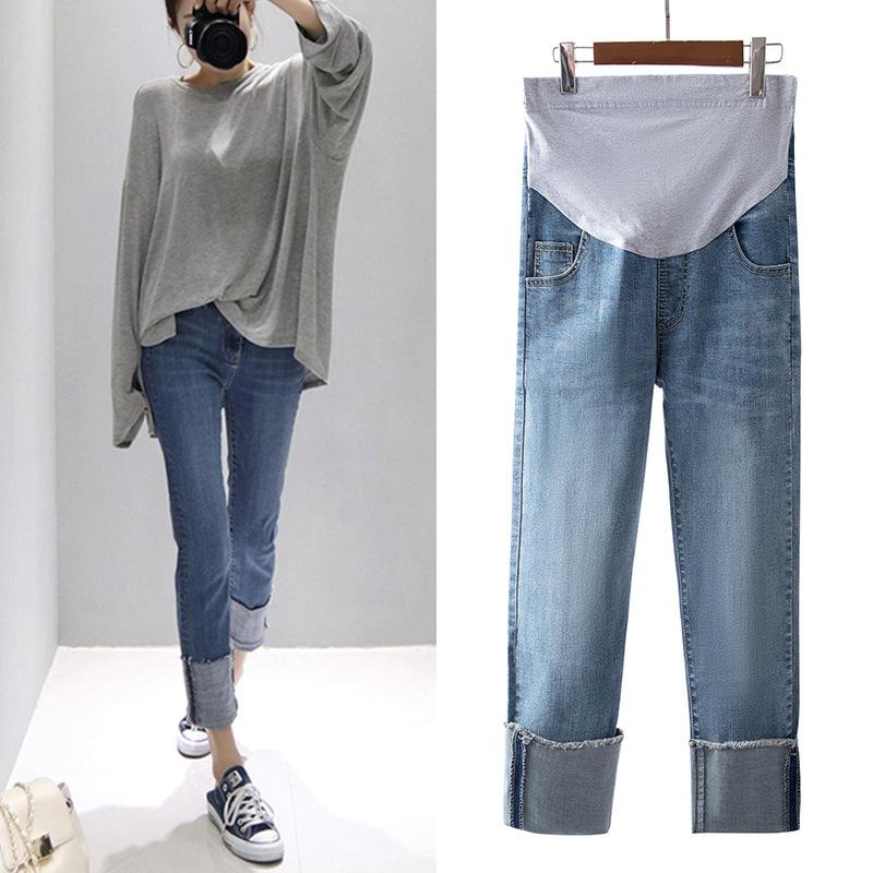 

Pregnant Woman Jeans Spring Autumn Maternity Denim Straight Pants Pregnant Women Adjustable Belly Trousers Pregnancy Clothes, Blue
