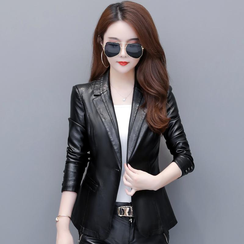 

2020 New Women Elegant Leather Blazers and Jackets Plus Size 5XL Fashion Short Slim Female Soft PU Faux Leather Coats W1425, Black 2