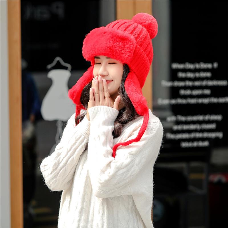 

Korean cute hat female winter tide warm ear protection Lei Feng hat knitting plus velvet padded wool cycling snow, Butterfly-gray