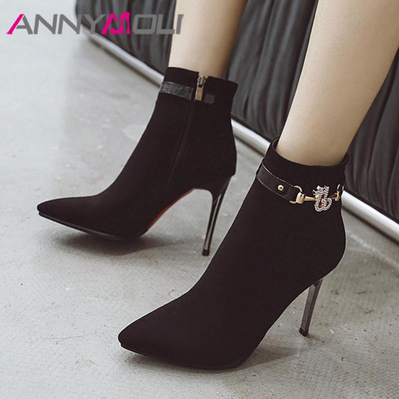 

ANNYMOLI Women Boots Winter Ankle Boots Crystal Thin Heel Short Zipper Super High Heel Shoes Lady New Autumn Plus Size 43, Black synthetic lini