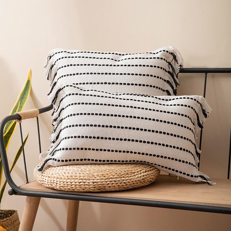 

Cushion cover Tassels pillow cover Mustard Ivory Black Cotton Woven Stripe for Home decoration Sofa Bed 45x45cm/30x50cm/50x50cm, Light orange 30x50cm