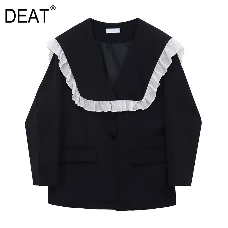 

DEAT] 2020 Spring Autumn New Fashion Tide Ruched V-neck Single-breasted Splicing Long Sleeve Loose Women Blazer Coat 13A493, Black