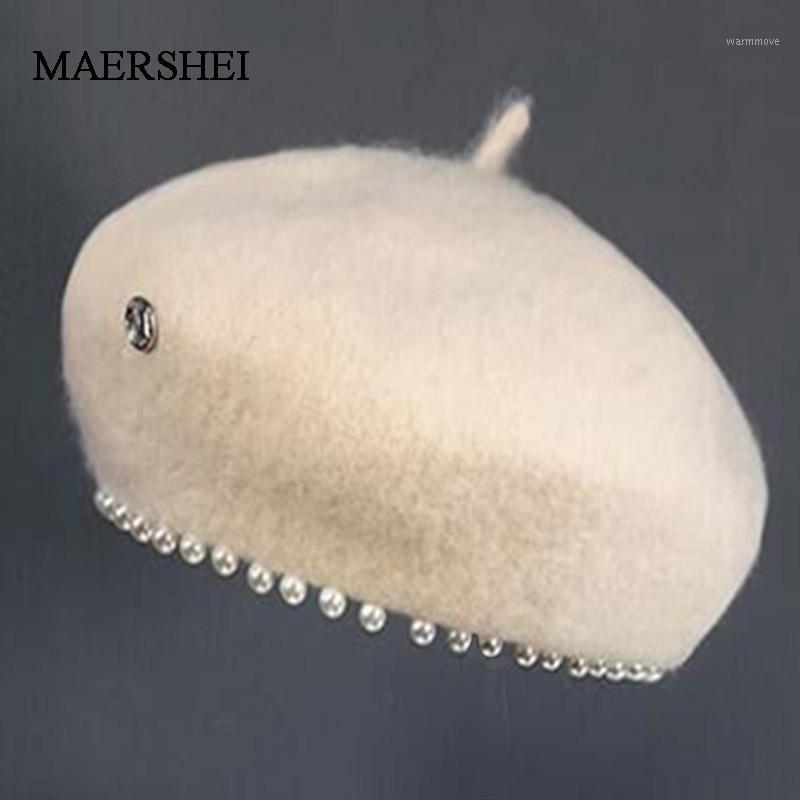 

2020 Women's Cap Wool Berets Hat Elegant pearl Letter Vintage Female Warm beret Hats Girls Flat cap beret for women1, Black