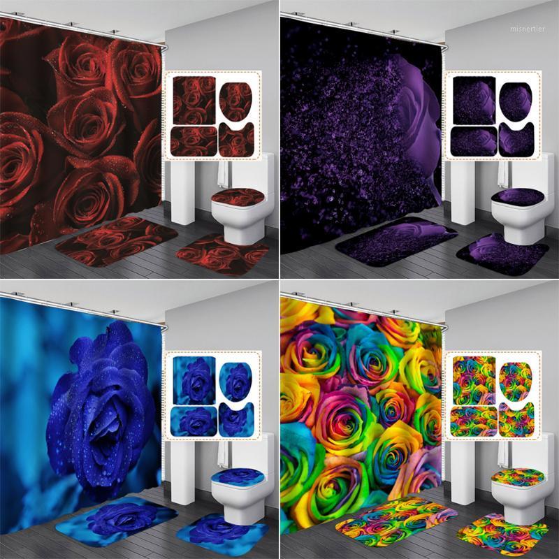 

Purple Rose Fabric Shower Curtain Colorful Flowers Bathroom Curtains Sets with 12 Hooks Toilet Cover Mat Non-Slip Bath Rug Set1