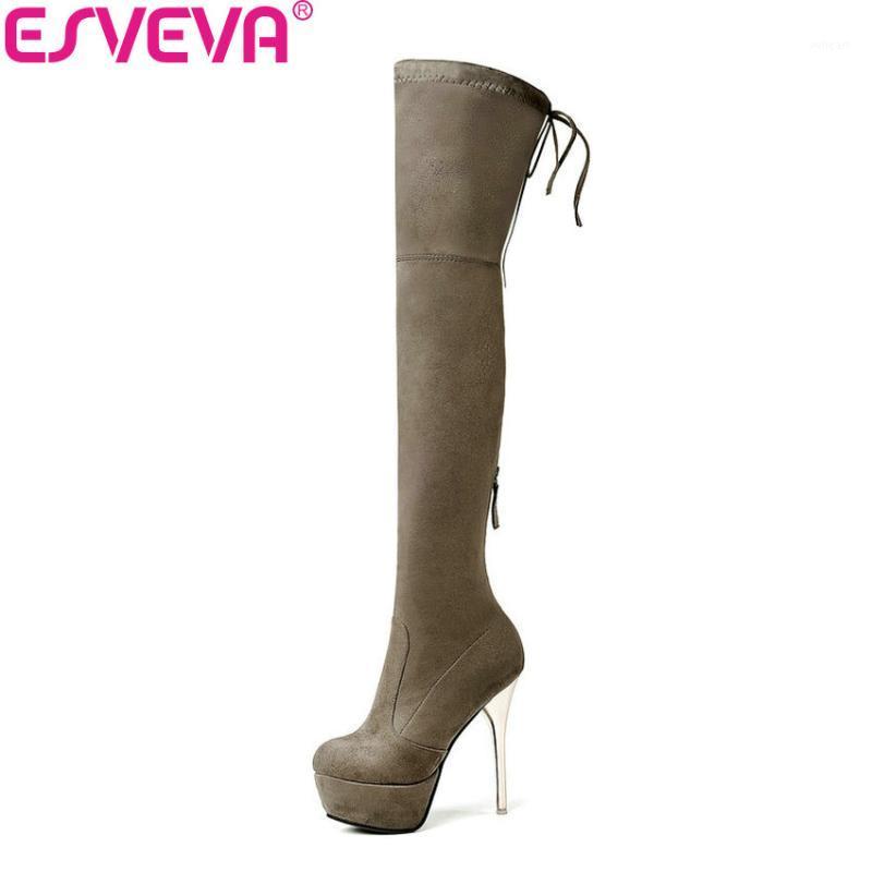 

ESVEVA 2021 Women Boots Zipper Sexy Boots Over The Knee Platform shoes Thin High Heels Round Toe Ladies Size 34-431, Dark gray