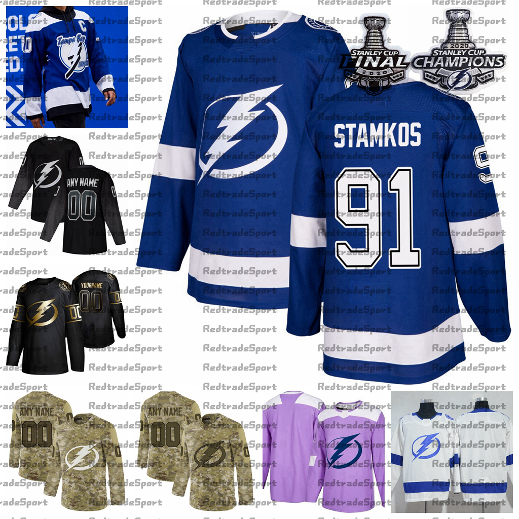 

2021 Reverse Retro Customize 91 Steven Stamkos Tampa Bay Lightning Champions Hockey Jersey Golden Edition Camo Veterans Day Fights Cancer, Blue