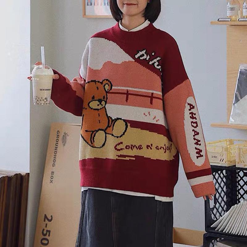 

Korean Version Pullover Loose Street Fashion Autumn And Winter All-match Bear Round Neck Knitting Jumper, Red