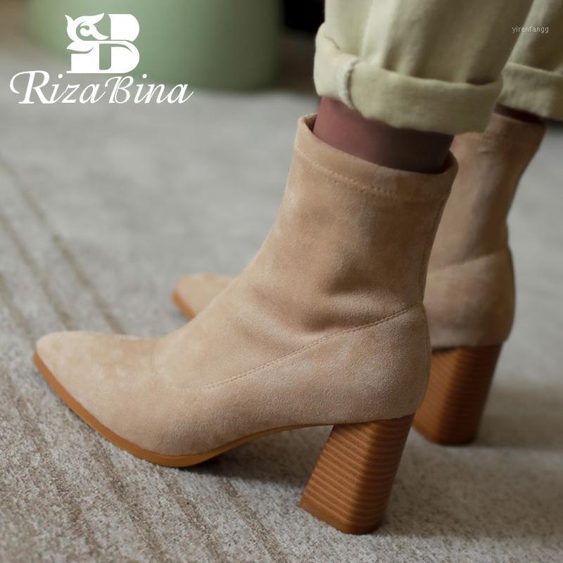 

RIZABINA Women Ankle Boots Pointed Toe Sock Boots Chunky Heel Suede Leather Slip On Shoes Solid Color Sexy Size 34-391, Black heel 7.5 cm
