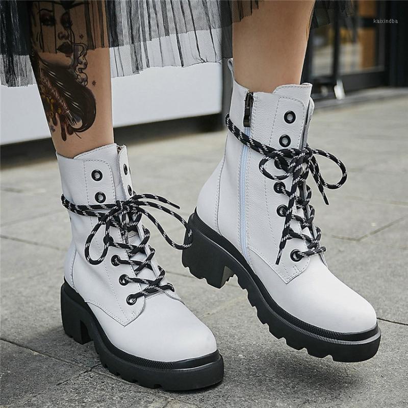 

HIgh Top Punk Creepers Women Lace Up Cow Leather Chunky High Heels Riding Boots Round Toe Platform Pumps Black White1, Black1