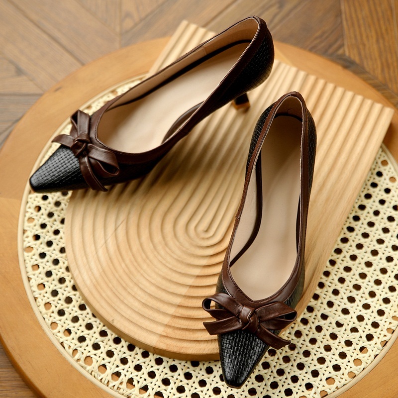 

2021 New Spring Genuine Leather Women Sexy Thin High Heels to Black Bow Knot Women's Working Shoes Ygoi