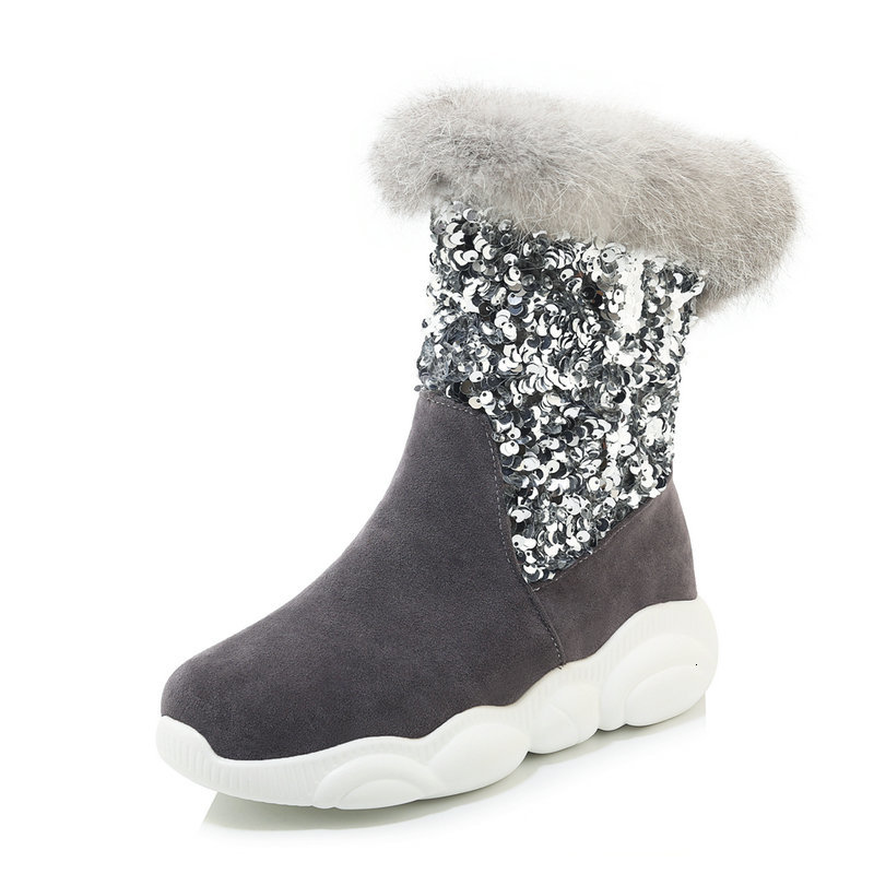 

2021 New Winter Warm Fur Women Shoes Round Toe Fashion Bling Snow Wedges Low Heels Ankle Boots Size 34-43 S80y, Gray