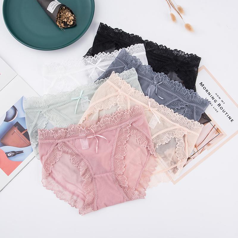

Women Net Lace Sexy Underwear Cotton File Women Underwear Transparent Hot Hollow Out Temptation Low Waist Briefs, Beige