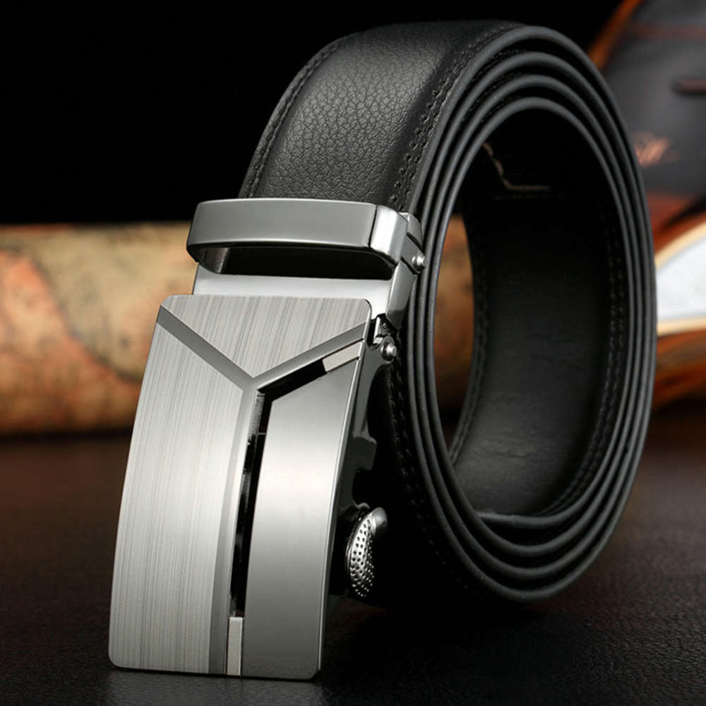 

Two layer cow leather automatic buckle pure leather belt, Black