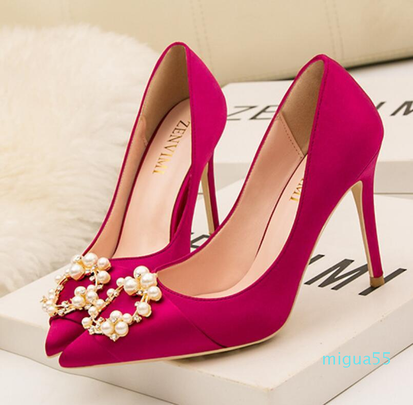 

Brand Pumps High Heel Shoes Real Leather 10cm Sexy Pointed Toes Womenpale Golden Black Wedding Shoe Size 34 -41, Red