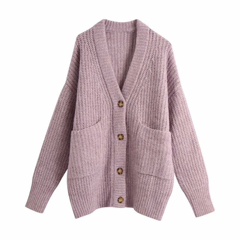 

2021 New Fashions Female Button-fly Cardigan Autumn Purple Pockets Casual Mesh with Cleavage in V-shirt Ladies Chic Girls 6ZHM
