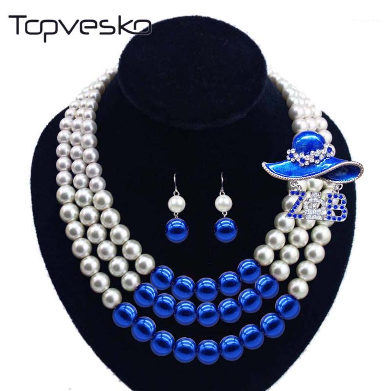 

Women Three Strands Zeta Bule beaded Pearl Necklace Earring Jewelry Set1, As pic