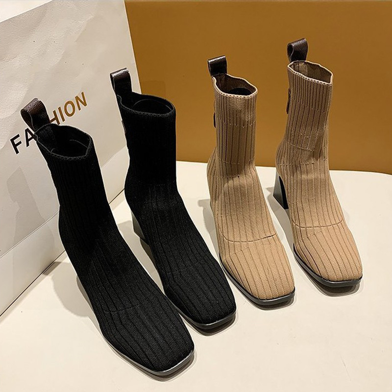 

Women Knitted Ankle Boots Heel Slip on Square Toe High Heels Office Ladies Fashion Hot Sale 2021 New Ofzn, Black
