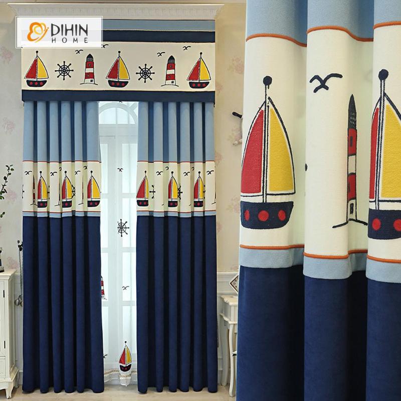 

Cartoon Embroidered Boat Blackout Curtains For Children Room Luxury Valance Window Curtain Drapes 1 Panel, Tulle