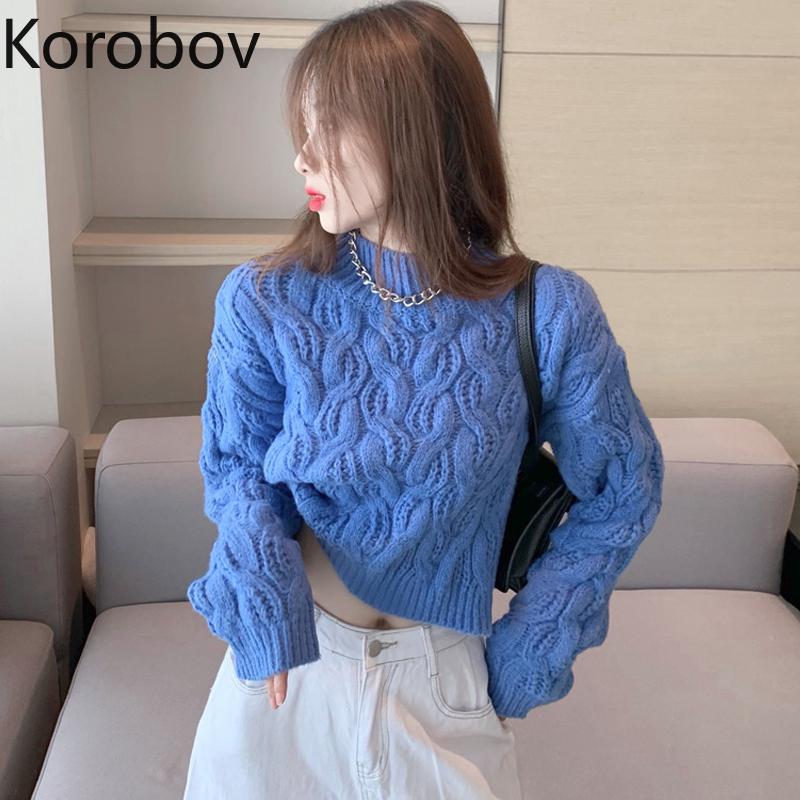 

Korobov Solid Half Turtleneck Women Knitted Sweaters Korean Long Sleeve High Street Short Pullovers Vintage Casual Sueter Mujer, Blue