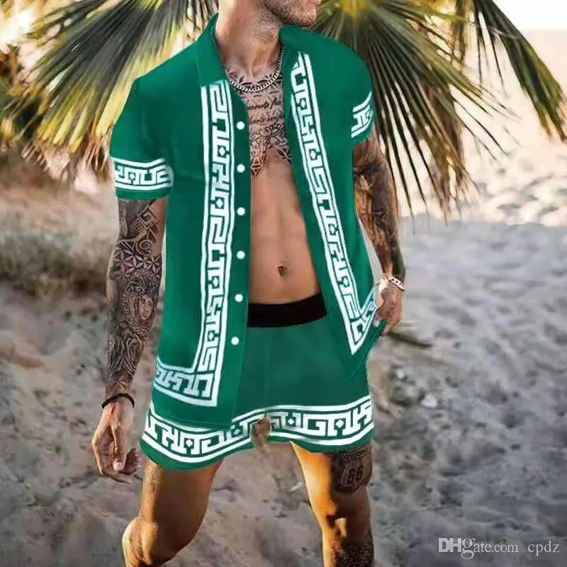 

Men Summer Tropical beach Tracksuits Hawaii day Costume Harajuku party tropical vacation Beachwear Short Sleeve 2pcs set fashion Printed Shirt Tops Shorts Sets