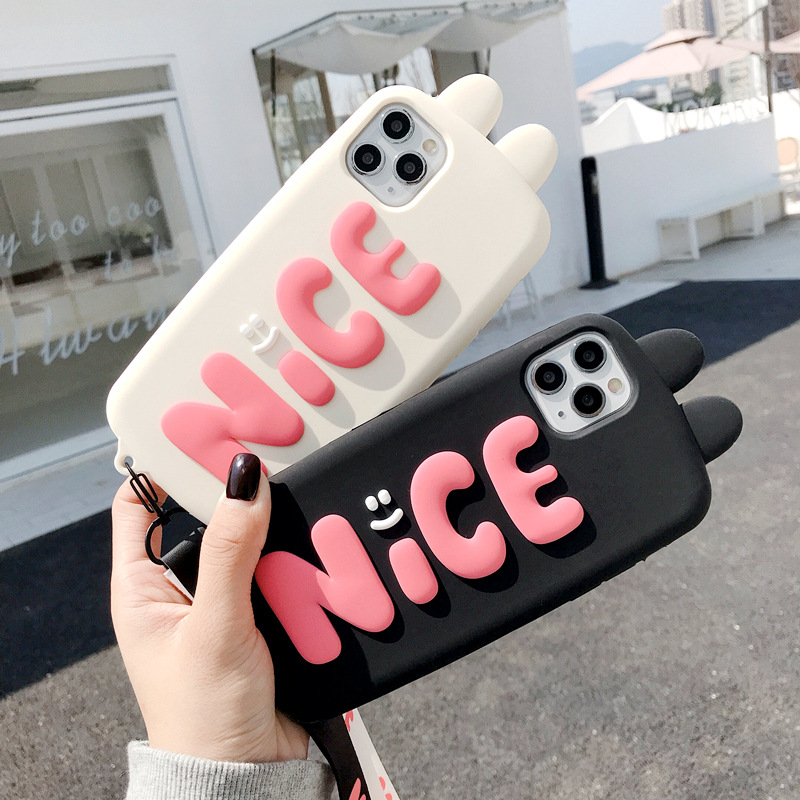 

Lovely 3D Rabbit Ears Phone Case for iPhone 12 Mini 11 Pro XS Max XR X 8 7 Plus Girl Cute Cartoon Lanyard Soft Silicone Cover, White