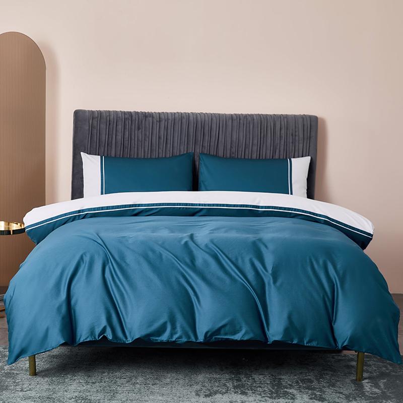 

New Hotel Bedding Set 60S 100%Cotton Satin Duvet Cover BedLinen Pillowcase Solid Color Blocking Brief Bedclothes Home Textile, Blue