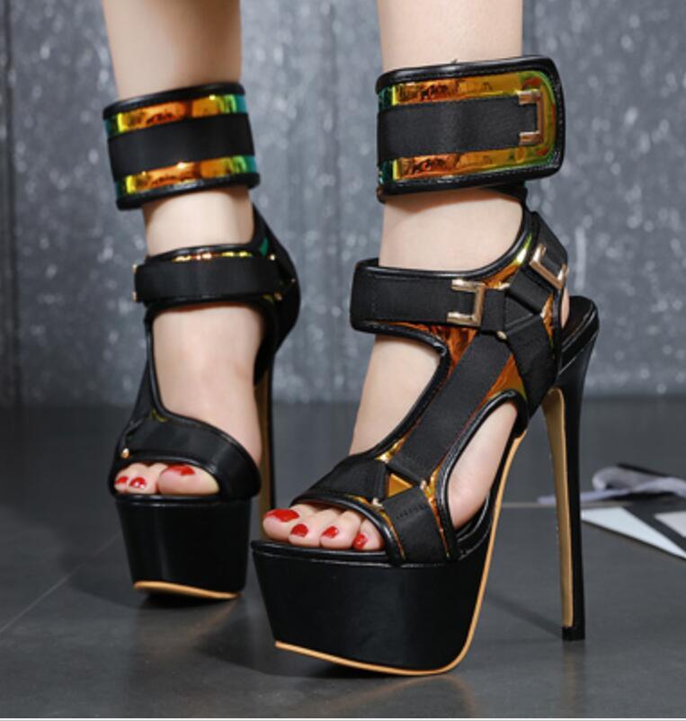 

2020 Rubber sole PU stiletto buckle round toe women's sandals waterproof platform sequin stitching sports style high heels, Black