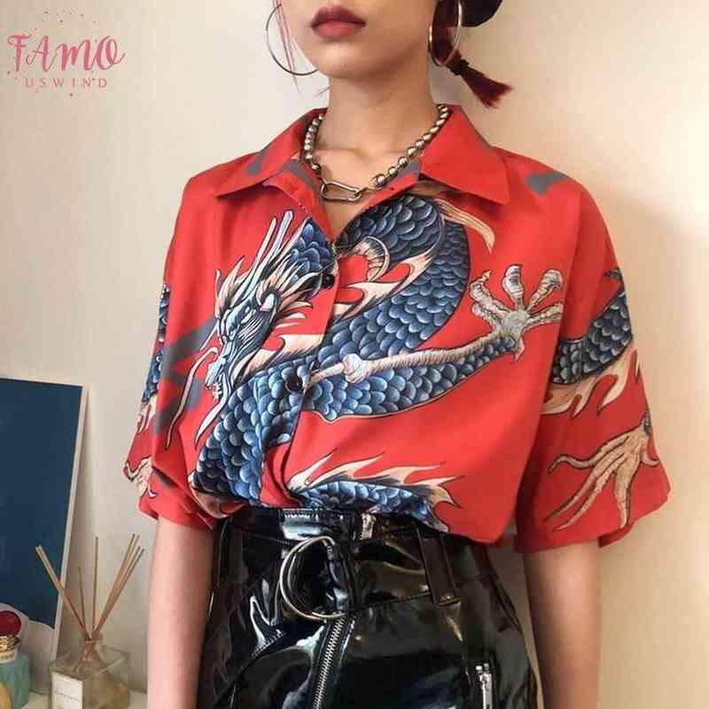 Flying Dragon Womens Blouses Turn Down Collar Half Sleeve Printed Buttons Up Shirts Tops Casual Women Chemisier Femme