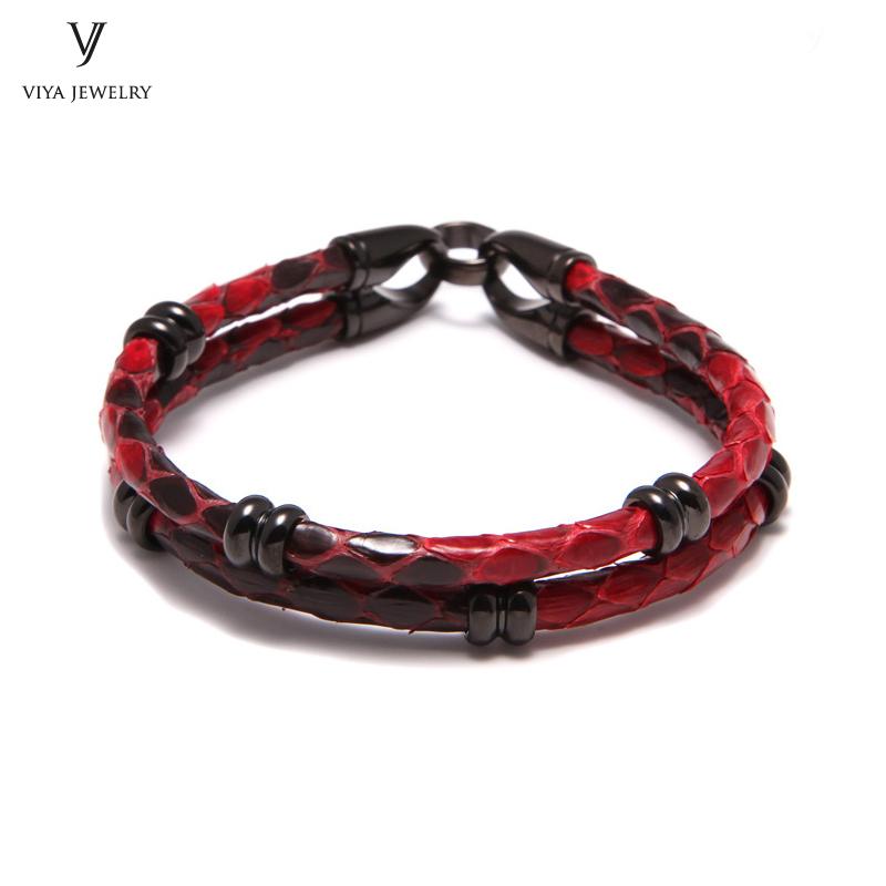 

New Customize Glossy Red Python Leather Fur Bracelet For Man Real Python Skin Leather Bracelets With High-grade Box and Bag