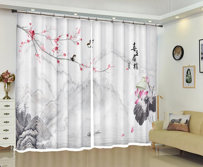 

White Curtain plum blossom print Blackout 3D Window Curtain Living Room wedding Cortina Drapes Rideaux Customized pillowcase, 3d curtain