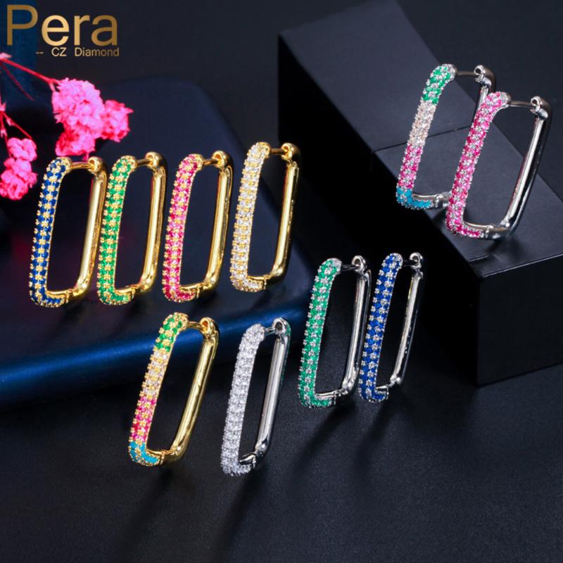 

Pera Trendy Multi Color Cubic Zirconia Big Geometry Shape Yellow Gold Rainbow Hoop Earrings for Women Fashion Jewelry Gift E680