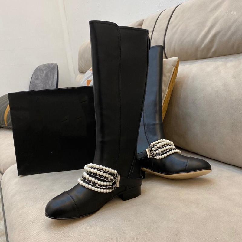 

Genuine Leather Knee High Boots Woman String Bead Decora Boots Woman Knight Round Toes Low Heels Bota Feminina1, As pic