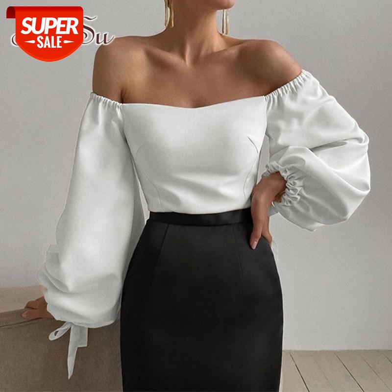 

ArtSu Elegant Off Shoulder Women Party Long Puff Sleeve Blouse Tops Ladies Casual Slash Neck Shirt White Blouse Vintage TS52642 #MC1L