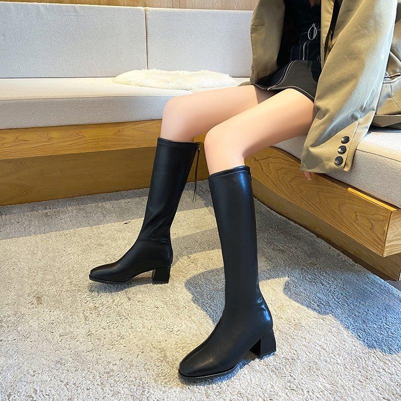 

Over The Knee High Boots Women Pumps Square Head Solid Color Knight Boots Winter Thick Heel Keep Warm Women Shoes Ladies Shoes, Black
