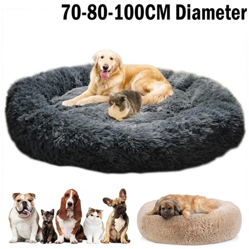

Round Long Plush Dog Beds for Large Dogs Pet Products Cushion Super Soft Fluffy Comfortable Cat Mat Supplies Accessories, Black
