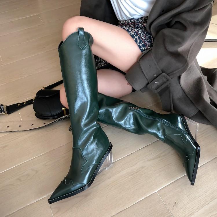 

Western Style Retro Cowhide Knee-High Women Boots Pointed Transparent Wedge High Heels Shoes Genuine Leather Rider Boots 6.5cm, Black