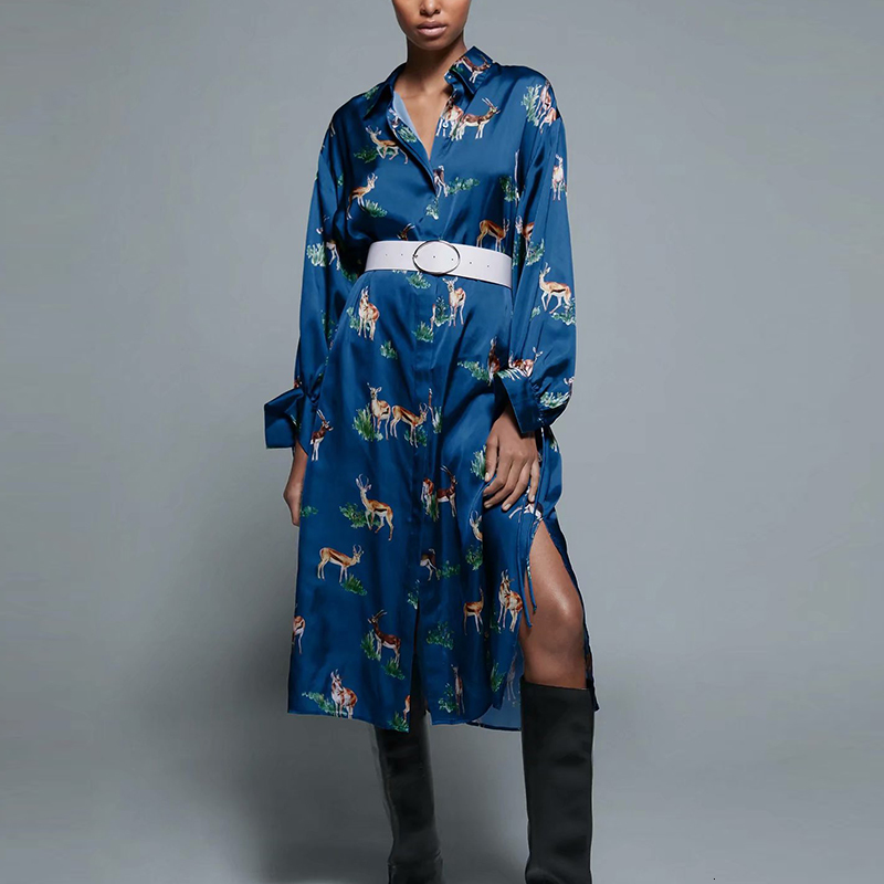 

2021 New Women Vintage Animal Printed with Belt Long Sleeveturn Down Collar High Waist Basic Slim Pullover Party Female Midi Nsjj, Picture color