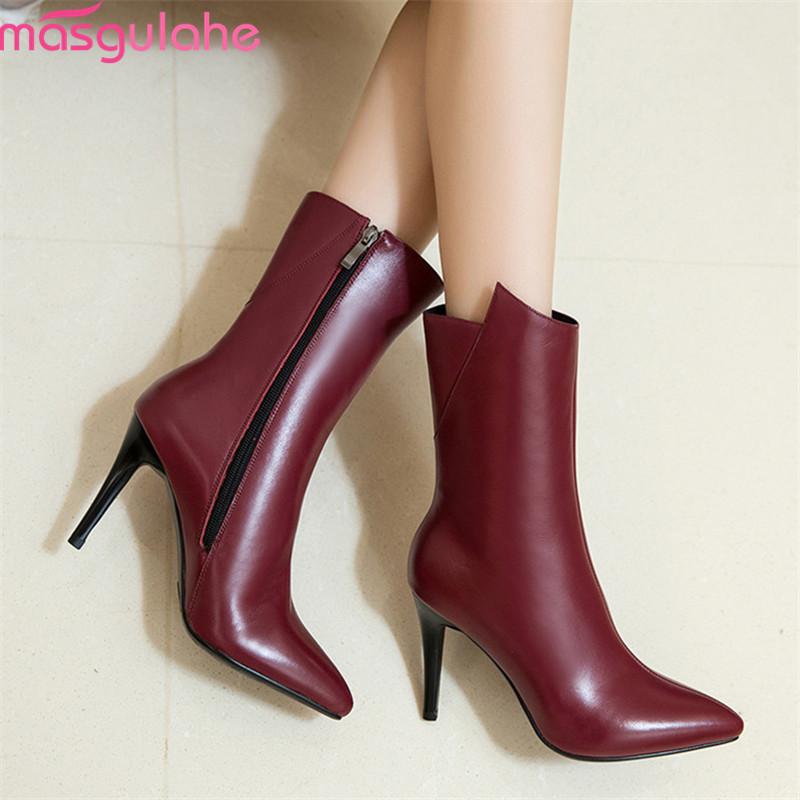 

Masgulahe 2020 Newest women ankle boots pointed toe genuine leather boots zip sexy thin high heels party wedding shoes woman, Black