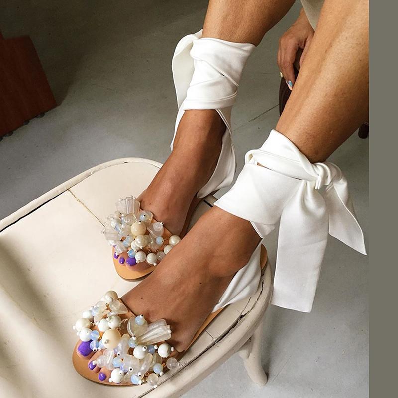 

2021 Handmade Sandals Women Flat Sandals Ankle Strap Beaded Special Women's Shoes Beach Plus Size 35-43, White
