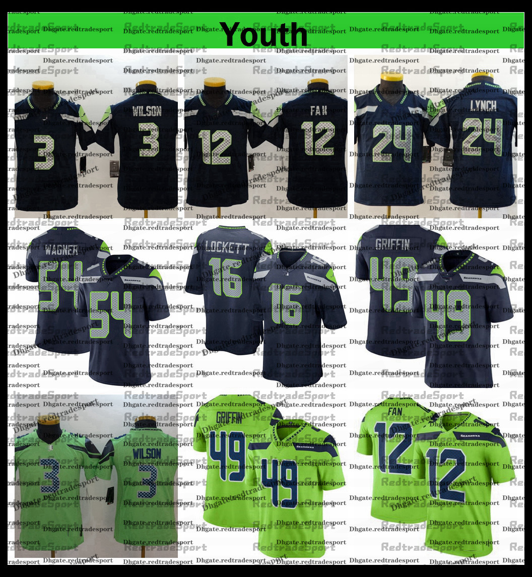 

Youth Kids Russell Wilson 12th Fan Griffin Tyler Lockett Wagner Marshawn Lynch Jamal Adams DK Metcalf Football Jersey Green AC1, Black;red