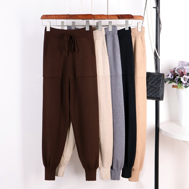 

2021 New Casual Harem Loose for Women Knitted Pants Autumn Winter Solid Color Sweater Trousers with Pockets Hpx3, Grey