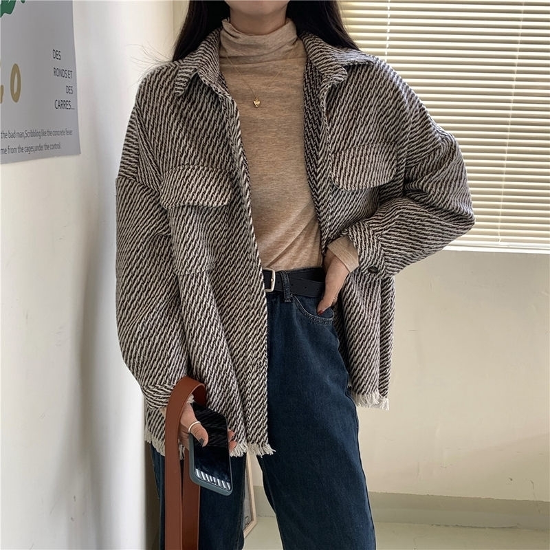 

Bella Philosophy Autumn New Retro Houndstooth Shirts Vintage Tassel Loose Wild Long Sleeve Jacket Casual Street Lady Outwears 201120, As picture