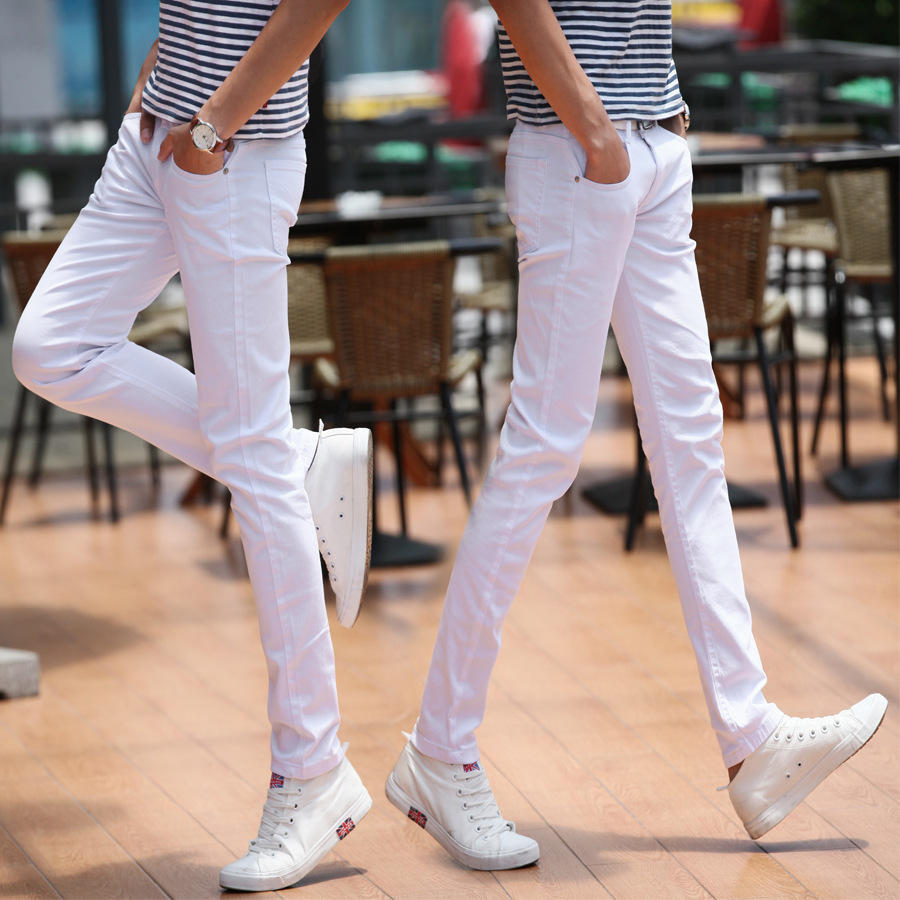

MEN FASHION 2021 White Black Men's Teenagers Thin Slim Fit School Student's Feet Pants Stretch Casual Cowboy Jeans Hombre