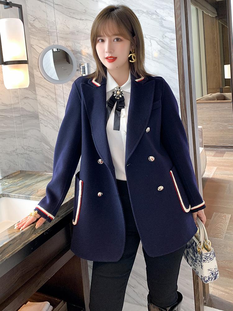 

British style double-sided cloth, thin double-breasted loose suit jacket, women's autumn winter new style Plus sizes large size, Blue