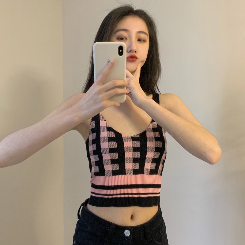 

2021 New summer colors tops sexy plaid knitting vest women's bottomless ladies girdle (c1194 EMZT, Black